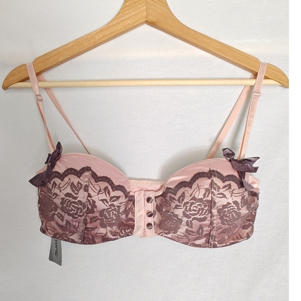 Hot Topic Bra Pink Grey Floral Lace Underwire Ribbon Bows Corset Front 38DD New